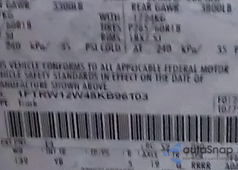 2008 Ford F-150 60Th Anniversary/Fx2/Xl/Xlt from USA, damaged, VIN 1FTRW12W48KB96103